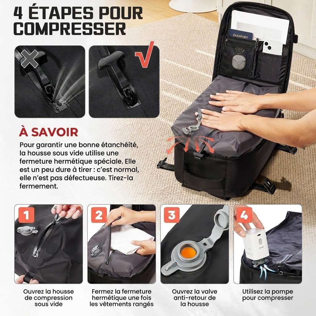 Sac à dos cabine 40x30x20 à compression sous vide