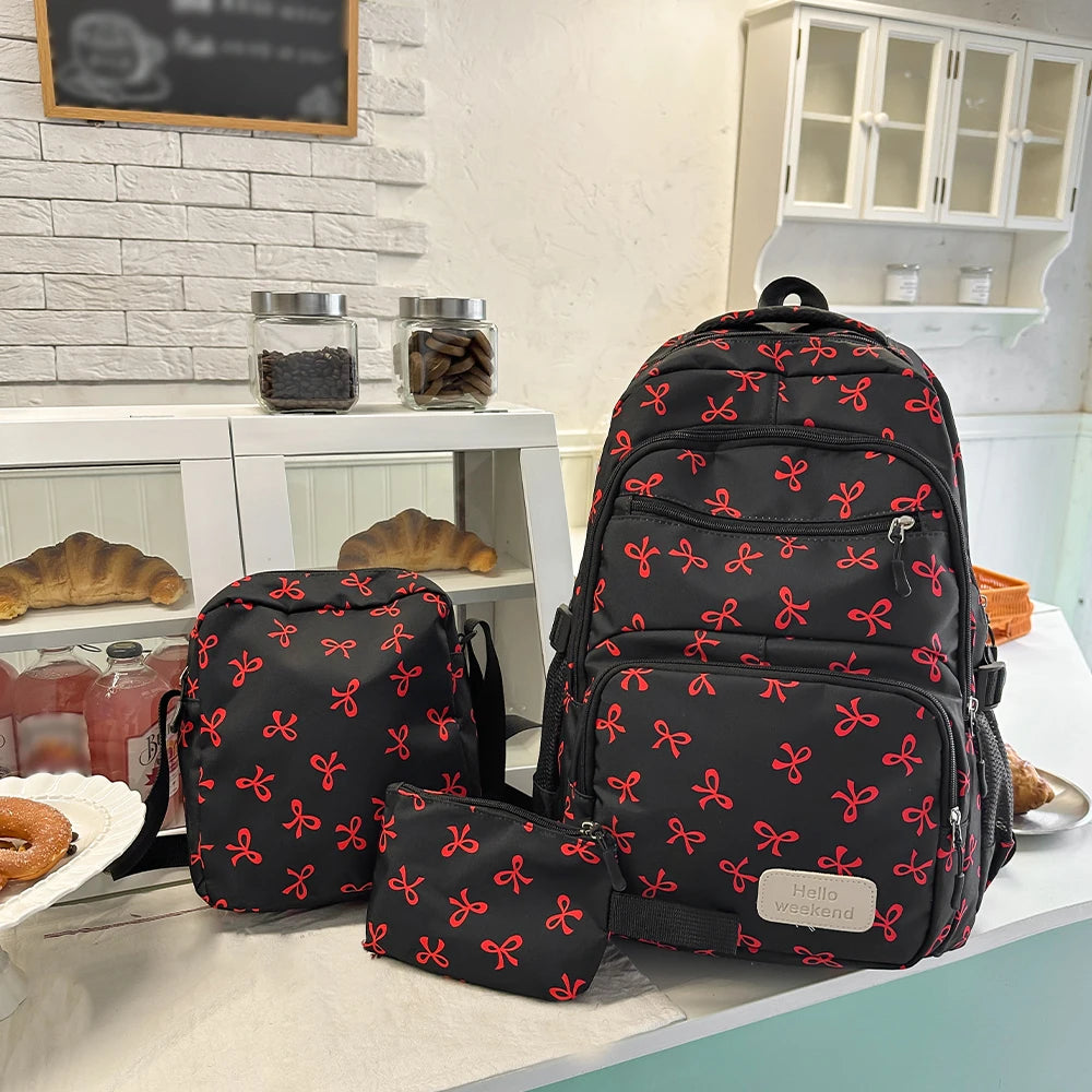 Sac à dos scolaire motif noeuds avec sacoche et trousse