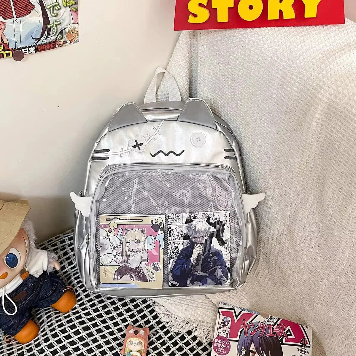 Sac à dos chat avec poche transparente à badges