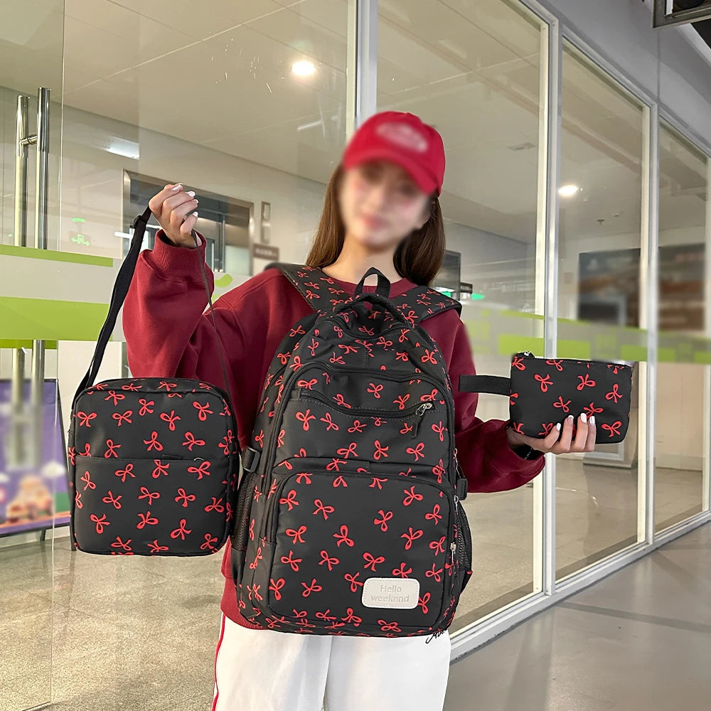 Sac à dos scolaire motif noeuds avec sacoche et trousse