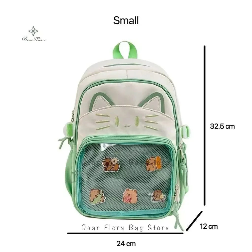 Sac à dos chat avec poche transparente pour pin's
