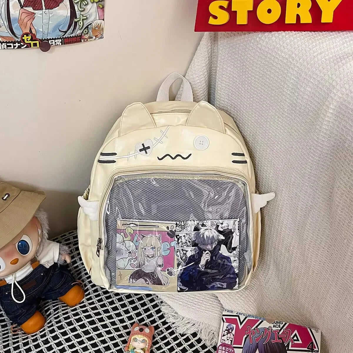 Sac à dos chat avec poche transparente à badges