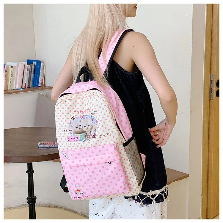 Sac à dos femme à pois motif chat rose