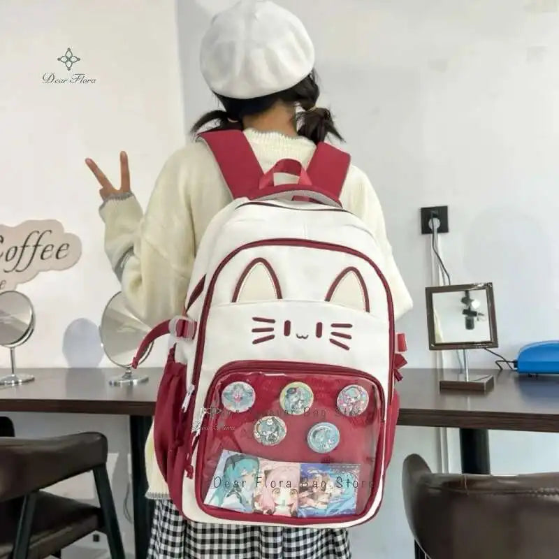 Sac à dos chat avec poche transparente pour pin's