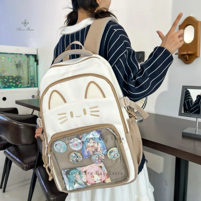 Sac à dos chat avec poche transparente pour pin's