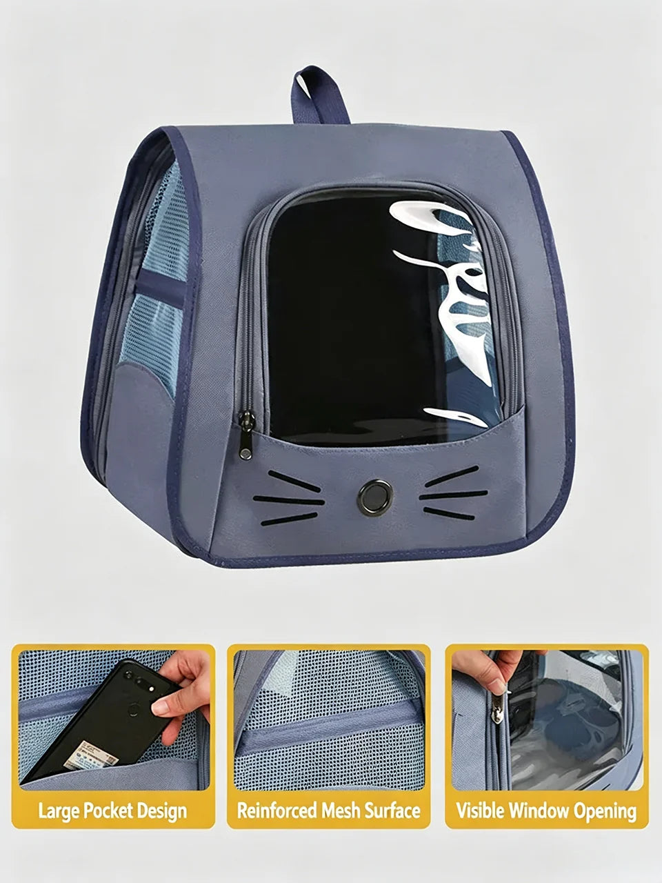 Sac à dos chat en toile oxford avec fenêtre transparente