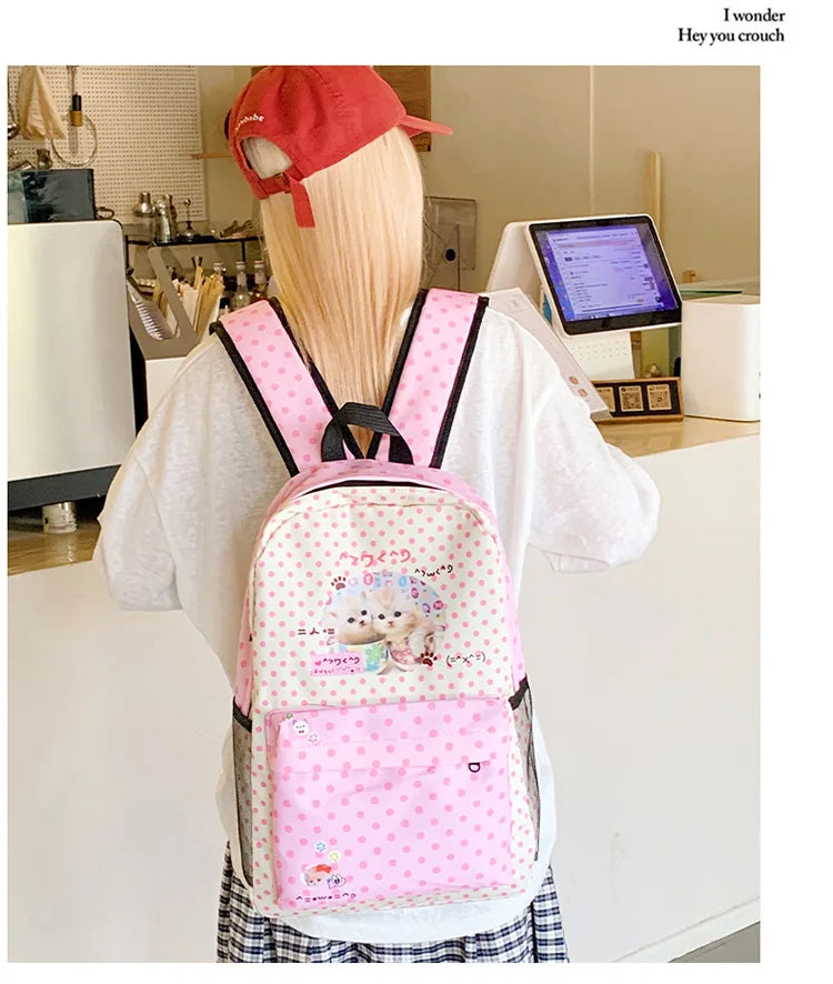 Sac à dos femme à pois motif chat rose