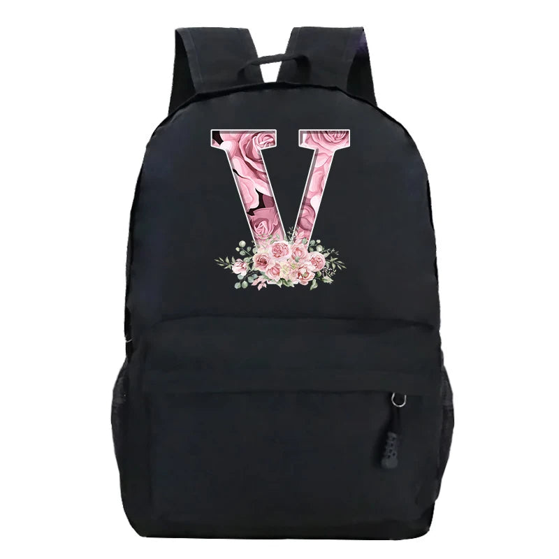 Sac à dos scolaire en toile Oxford motif lettre fleurie