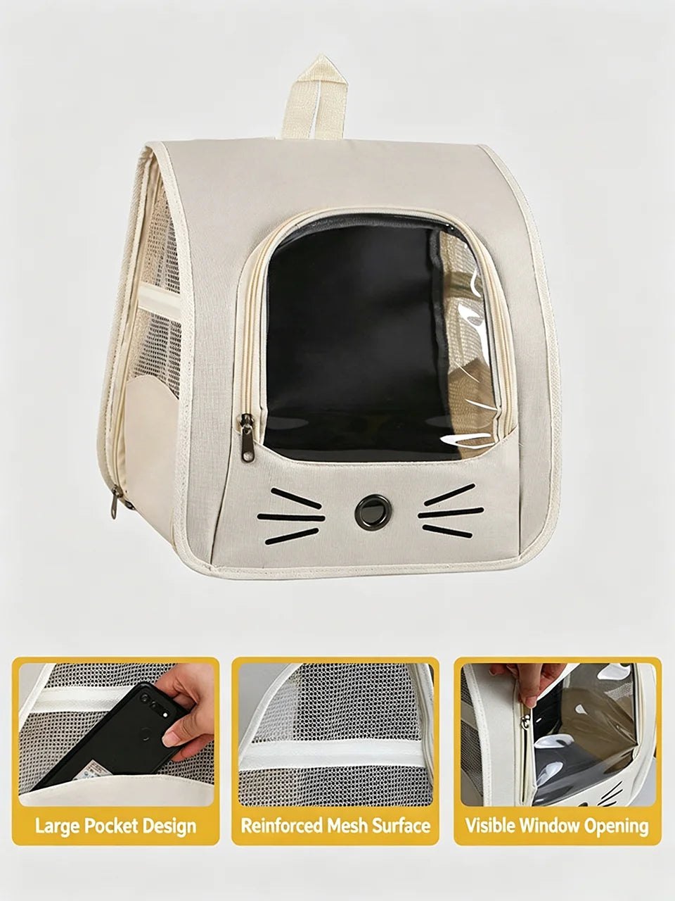 Sac à dos chat en toile oxford avec fenêtre transparente