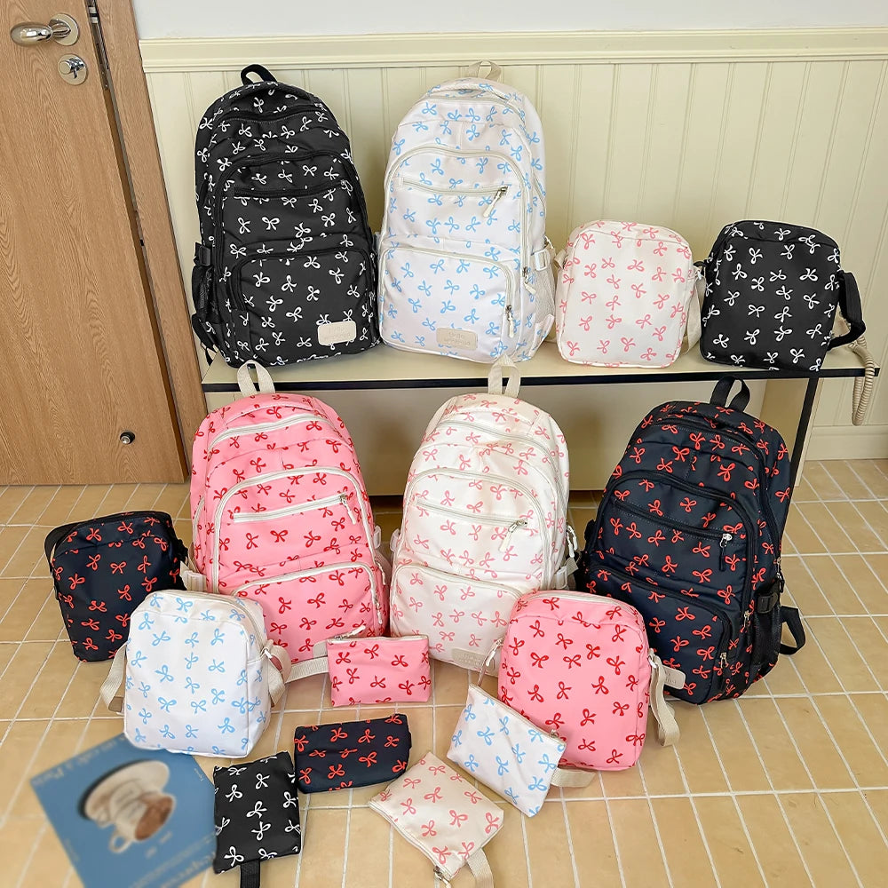 Sac à dos scolaire motif noeuds avec sacoche et trousse