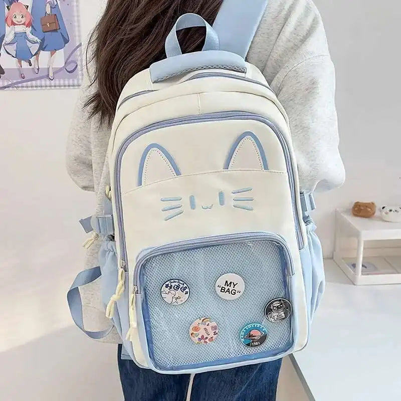 Sac à dos chat avec poche transparente pour pin's