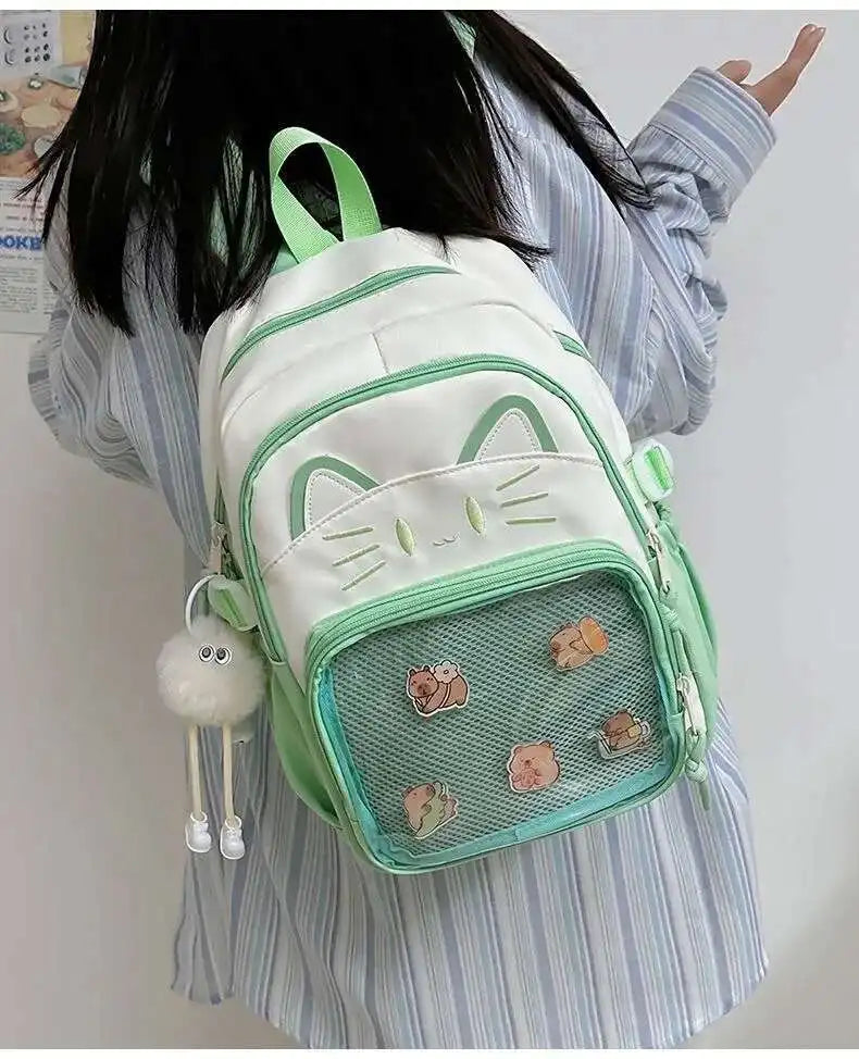 Sac à dos chat avec poche transparente pour pin's
