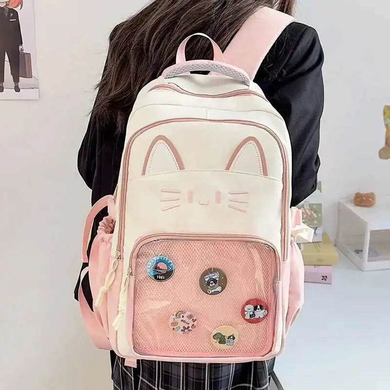 Sac à dos chat avec poche transparente pour pin's