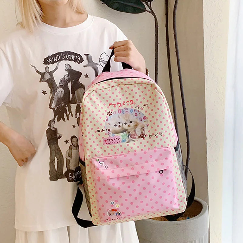 Sac à dos femme à pois motif chat rose