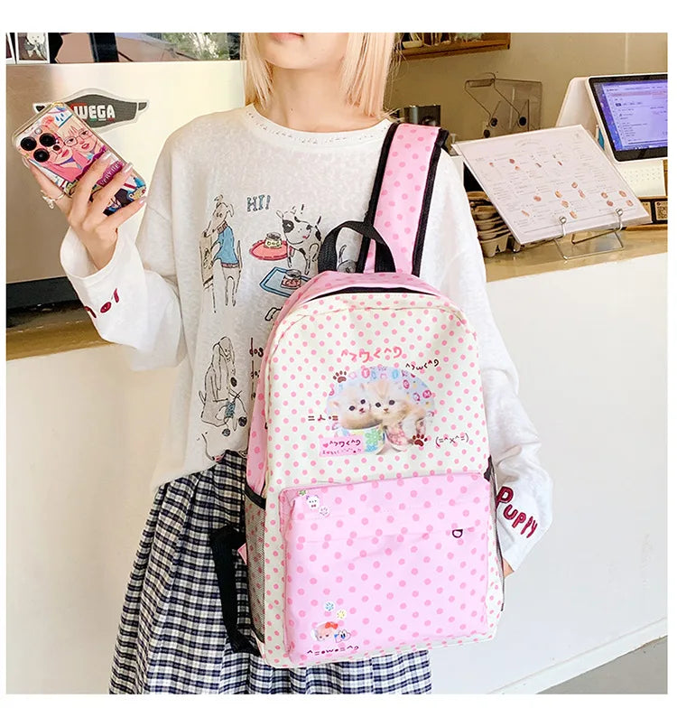 Sac à dos femme à pois motif chat rose
