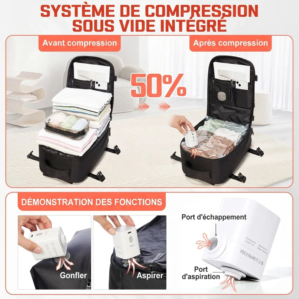 Sac à dos cabine 40x30x20 à compression sous vide