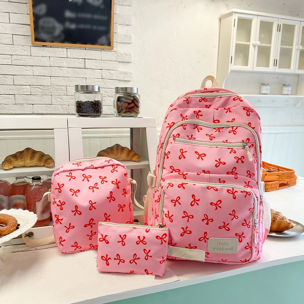 Sac à dos scolaire motif noeuds avec sacoche et trousse