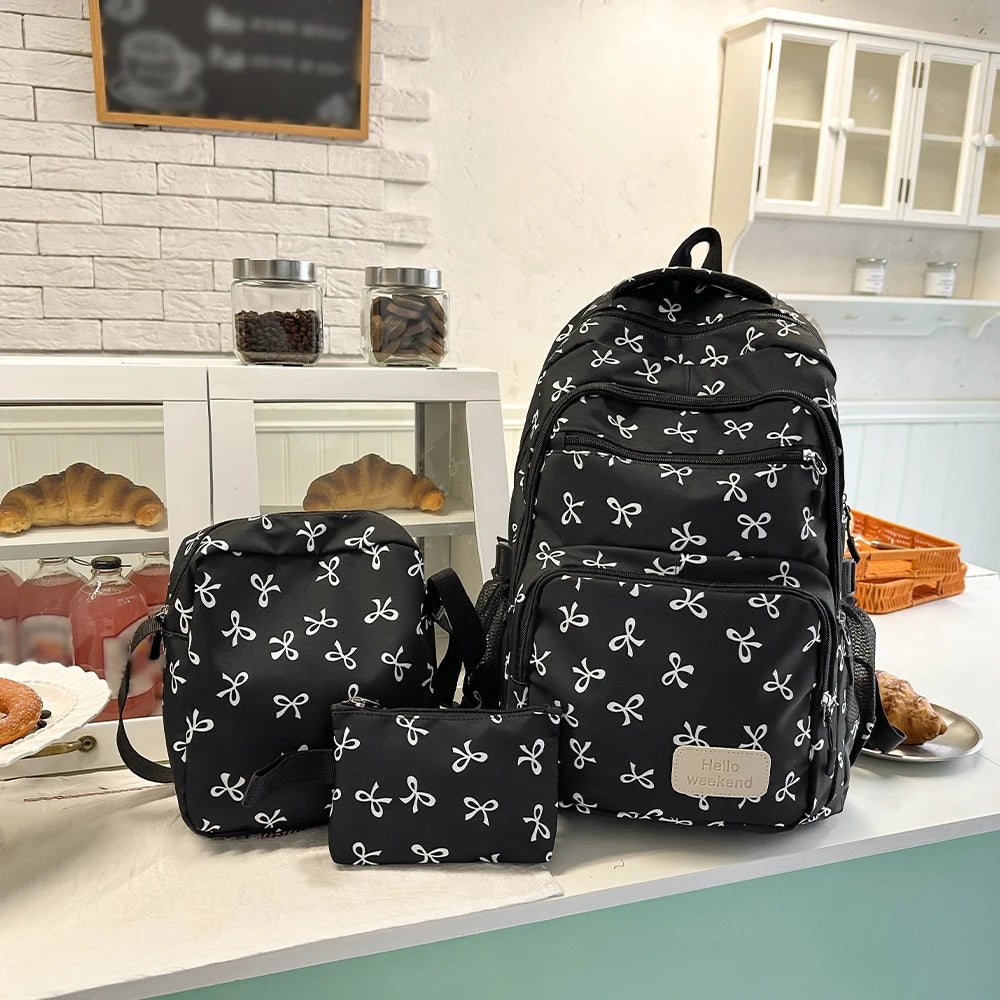 Sac à dos scolaire motif noeuds avec sacoche et trousse