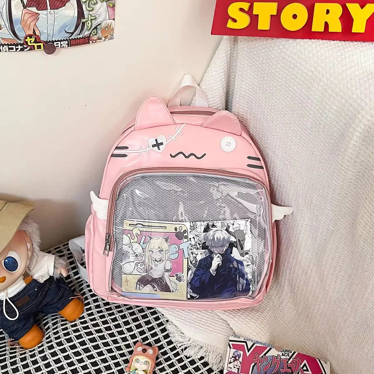 Sac à dos chat avec poche transparente à badges