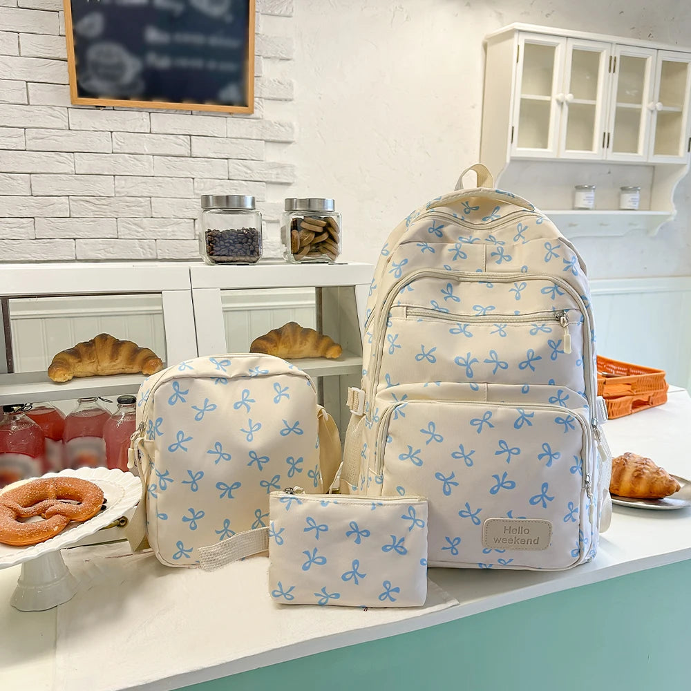 Sac à dos scolaire motif noeuds avec sacoche et trousse