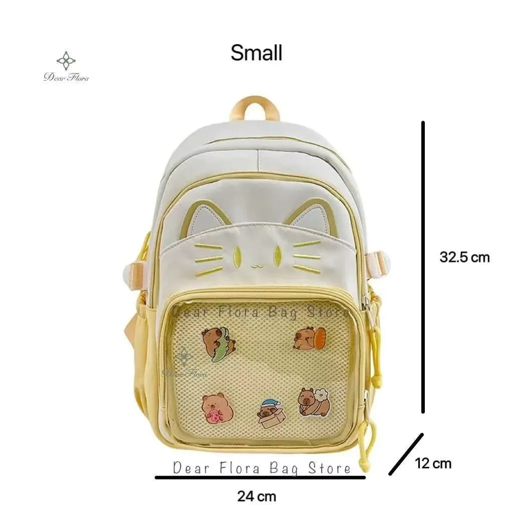 Sac à dos chat avec poche transparente pour pin's