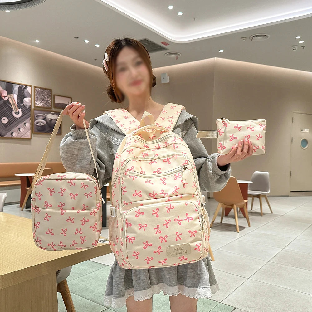 Sac à dos scolaire motif noeuds avec sacoche et trousse