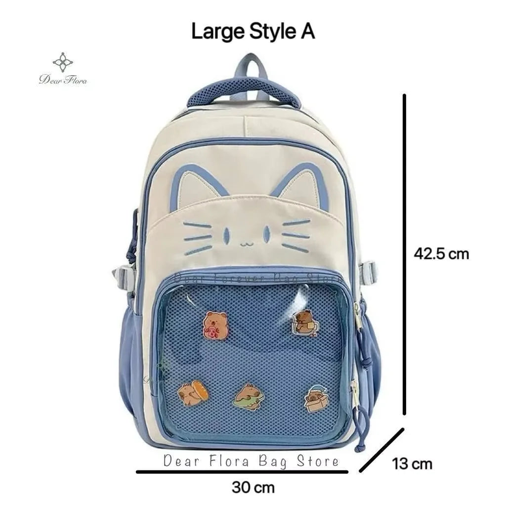 Sac à dos chat avec poche transparente pour pin's