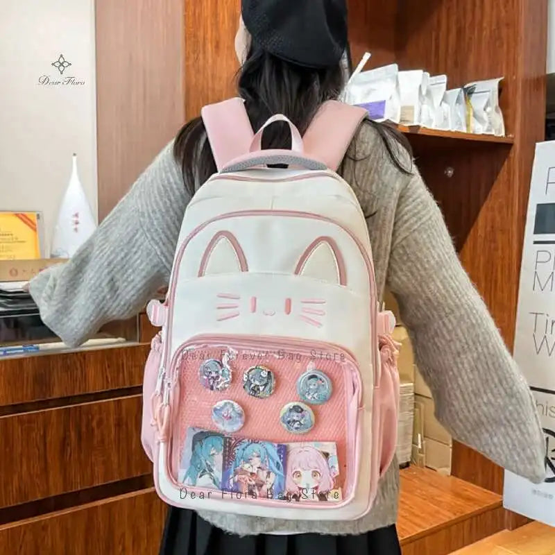 Sac à dos chat avec poche transparente pour pin's