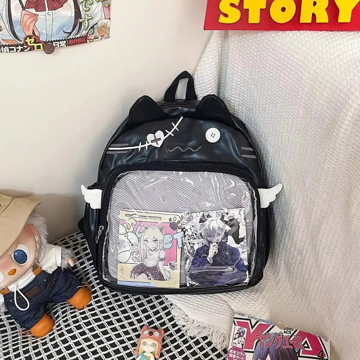 Sac à dos chat avec poche transparente à badges