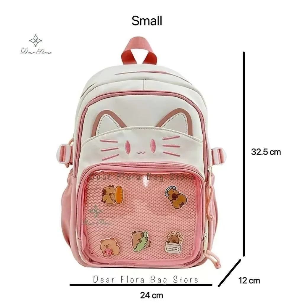 Sac à dos chat avec poche transparente pour pin's
