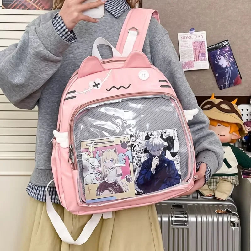 Sac à dos chat avec poche transparente à badges