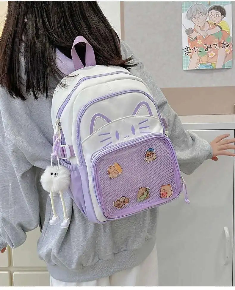 Sac à dos chat avec poche transparente pour pin's