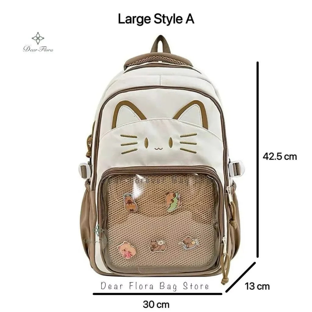 Sac à dos chat avec poche transparente pour pin's