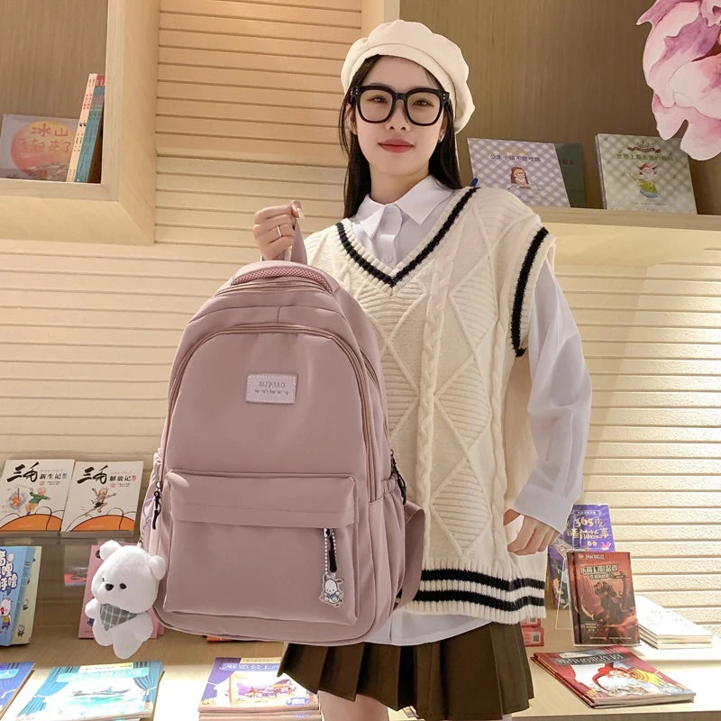 Sac à dos scolaire en nylon avec breloque peluche