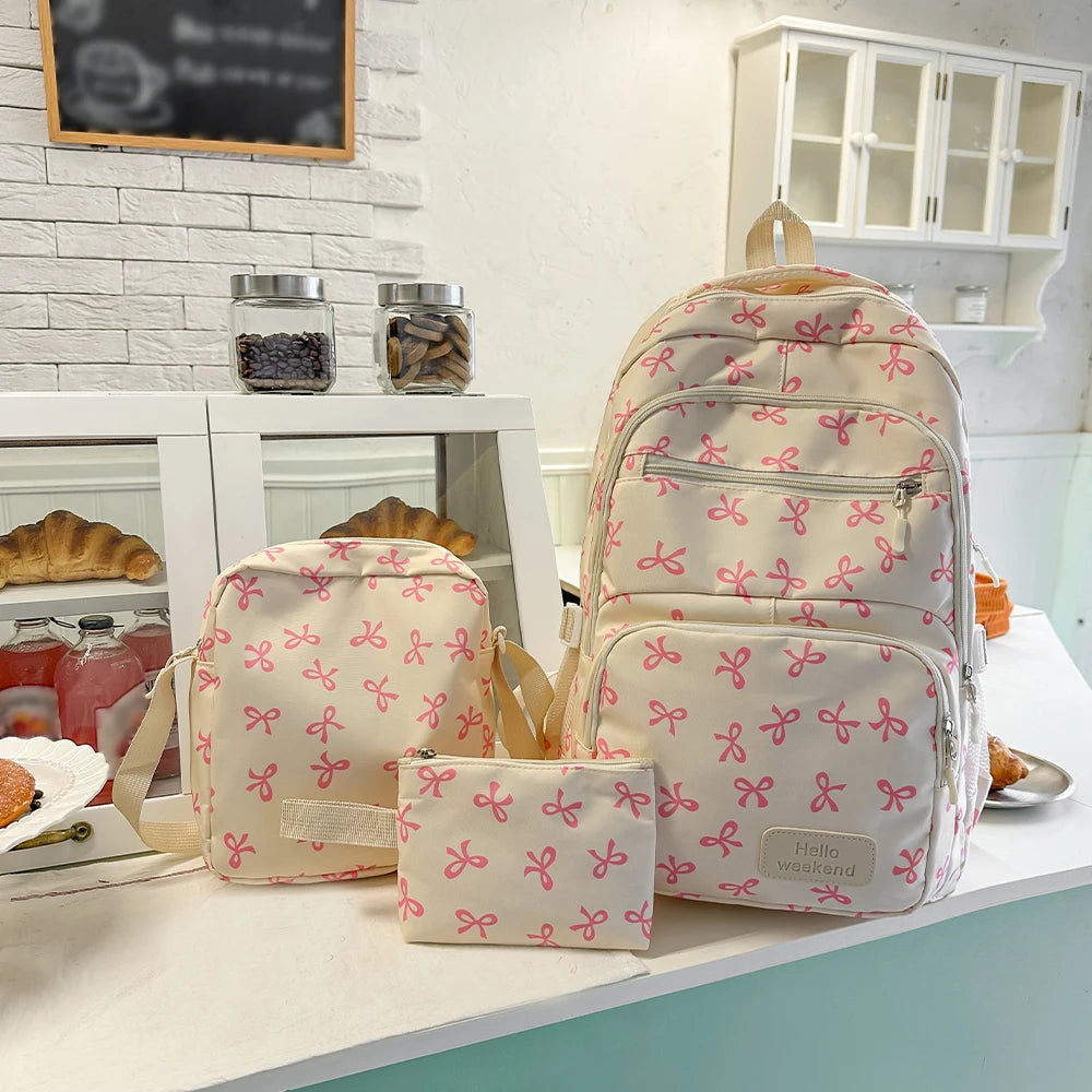 Sac à dos scolaire motif noeuds avec sacoche et trousse