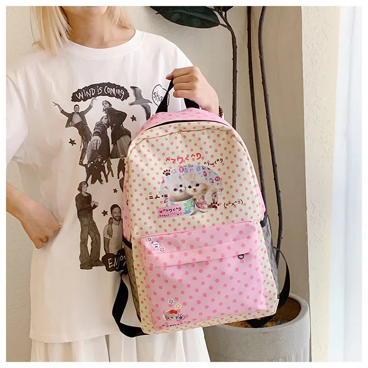 Sac à dos femme à pois motif chat rose