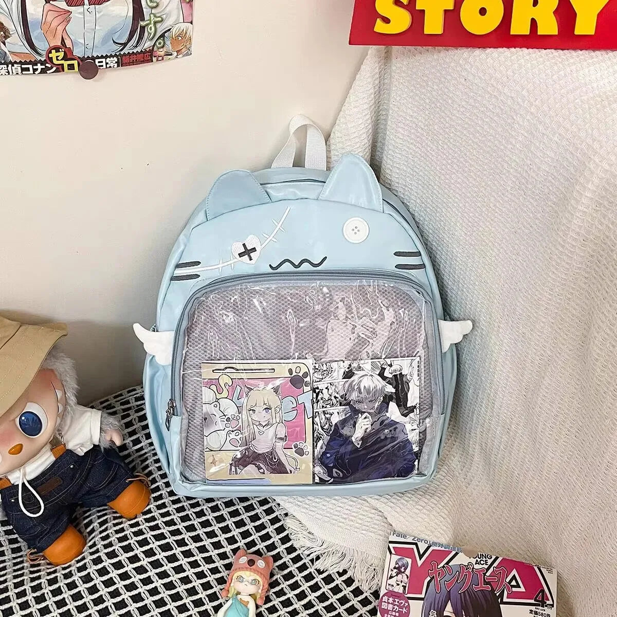 Sac à dos chat avec poche transparente à badges