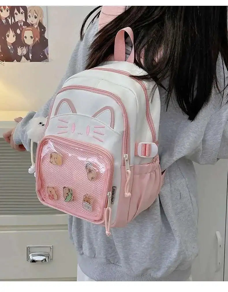 Sac à dos chat avec poche transparente pour pin's