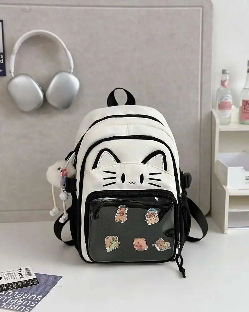 Sac à dos chat avec poche transparente pour pin's