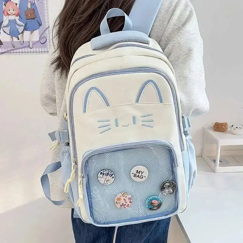 Sac à dos chat avec poche transparente pour pin's