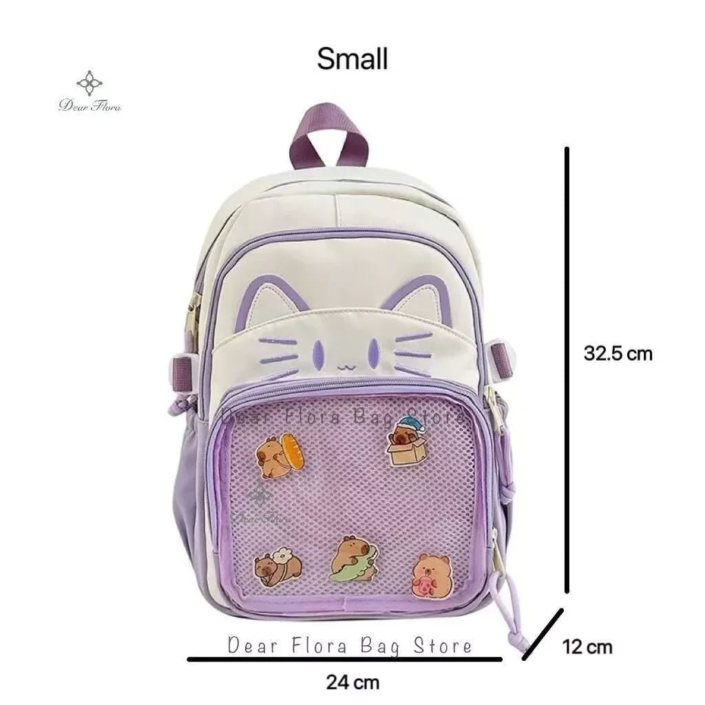 Sac à dos chat avec poche transparente pour pin's