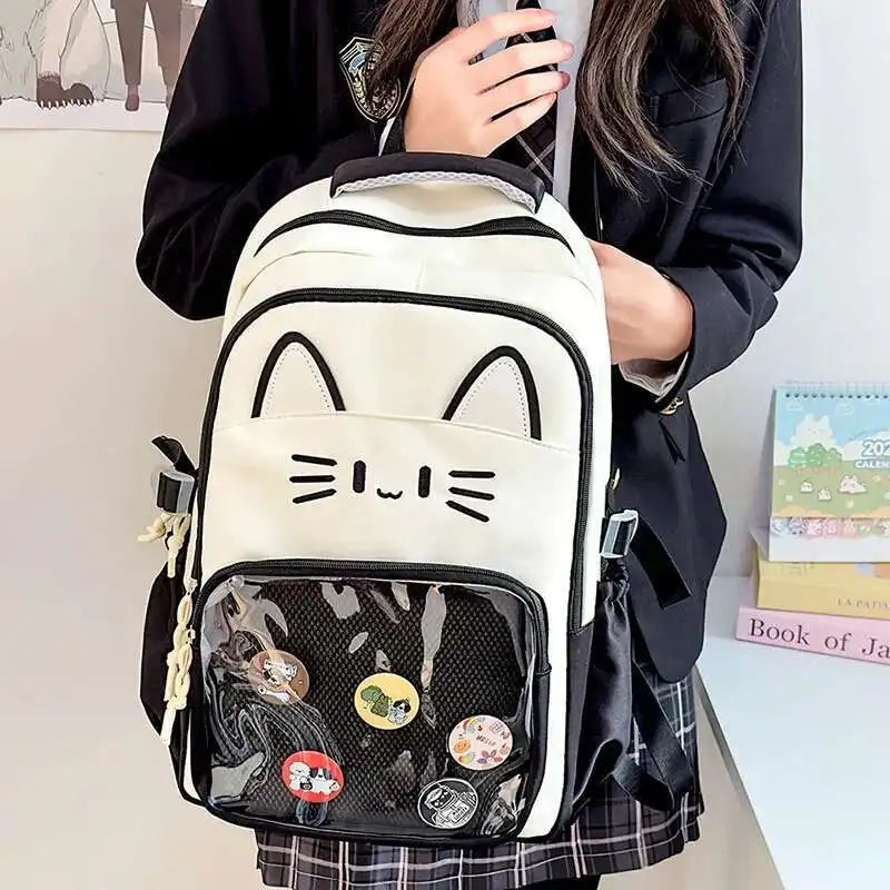 Sac à dos chat avec poche transparente pour pin's