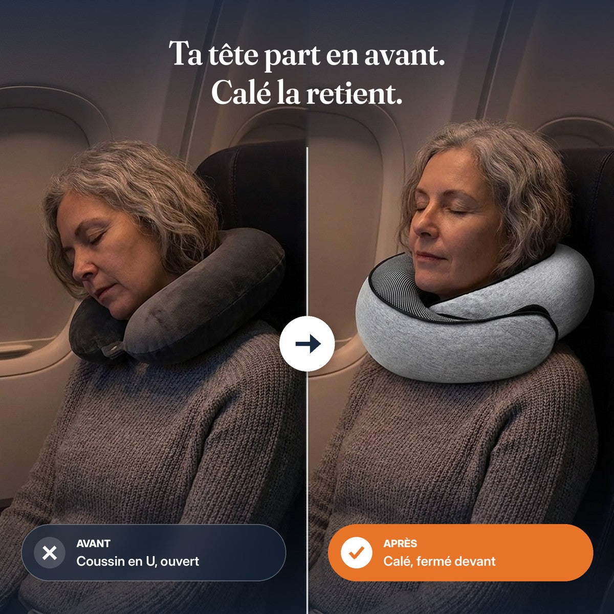 Comparatif : à gauche, une voyageuse endormie avec un coussin en U ouvert, la tête qui penche ; à droite, la même avec le coussin Calé fermé sous le menton, la tête droite