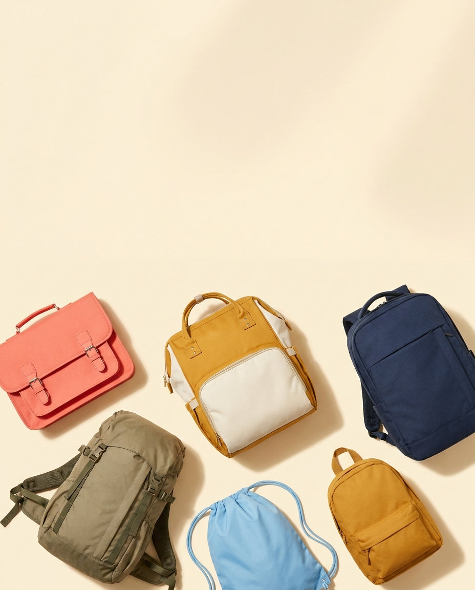 Sélection de sacs à dos colorés : cartable, sac à langer, sac de randonnée, sac à cordon