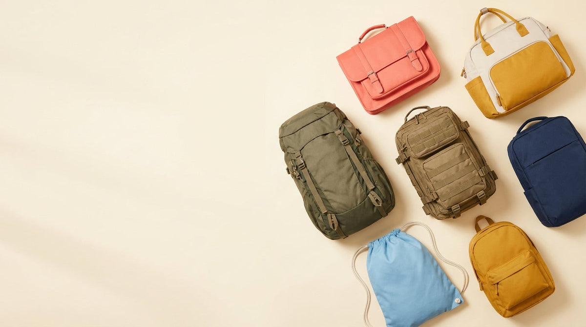Sélection de sacs à dos colorés : cartable, sac à langer, sac de randonnée, sac tactique, sac à cordon